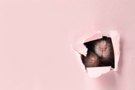 Cute rats looking through hole in pink paper sheet. Space for textの写真素材