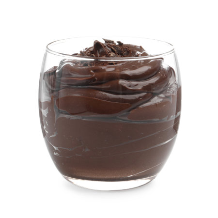 Delicious chocolate pudding in glass isolated on whiteの写真素材