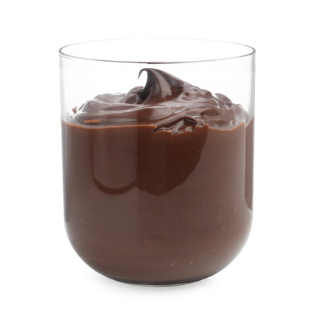 Tasty chocolate pudding in glass isolated on whiteの写真素材