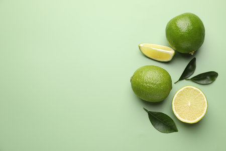 Fresh ripe limes on pale green background, flat lay. Space for textの写真素材
