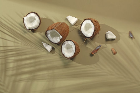 Fresh coconuts and shadow cast by tropical palm on light green background, flat lay. Space for text