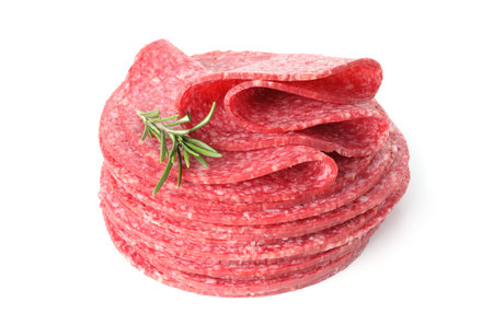 Slices of tasty smoked sausage with rosemary isolated on whiteの写真素材