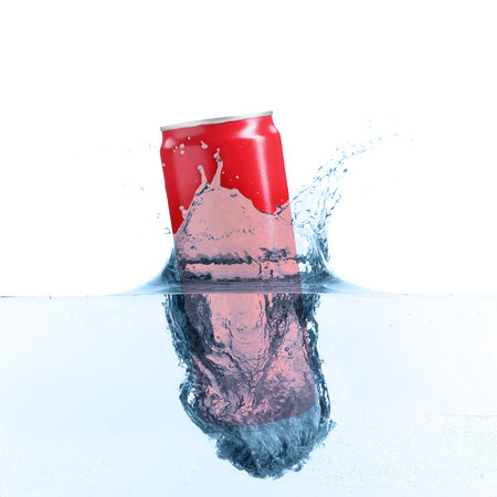 Tin can falling into water on white background