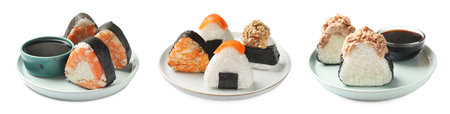 Tasty onigiri on white background, set. Japanese dishの写真素材