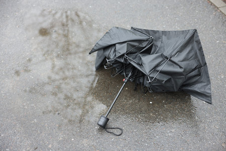 Broken black umbrella on wet asphalt outdoors