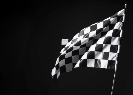One racing checkered flag on black background, space for text