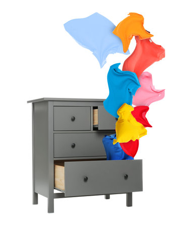 Clothes flying out of dresser on white backgroundの写真素材