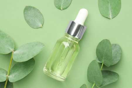 Bottle of essential oil and eucalyptus leaves on green background, flat layの写真素材