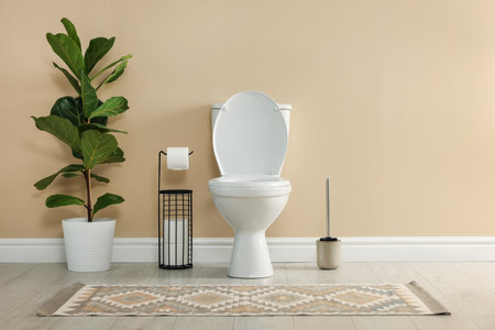 Toilet bowl, brush and necessities near beige wall in restroomの写真素材