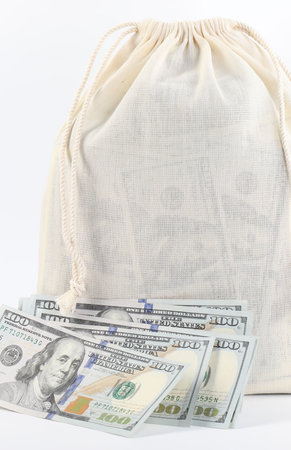 Money bag with dollar banknotes isolated on white