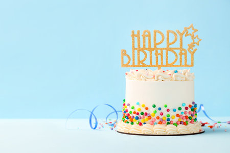 Delicious cake with colorful sprinkles, topper and streamer on white table. Space for textの写真素材