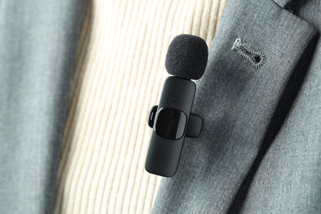 Woman with lavalier microphone on her shirt, closeupの写真素材