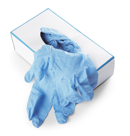 Box with medical gloves isolated on white, above viewの写真素材