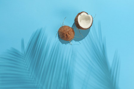 Fresh coconut and shadow cast by tropical palm on light blue background, top view. Space for textの写真素材
