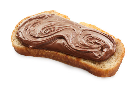 One slice of bread with chocolate spread isolated on whiteの写真素材
