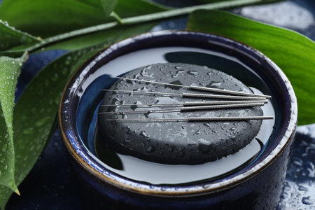 Acupuncture needles, wet spa stone and leaves on blue tray, closeupの写真素材