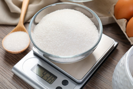 Digital kitchen scale with bowl of sugar on wooden table, closeupの写真素材