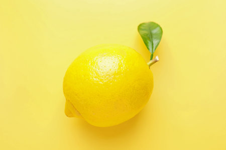Fresh lemon with green leaf on yellow background, top view
