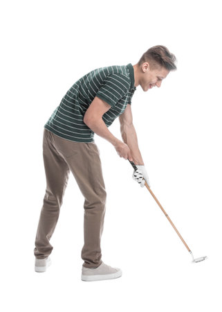 Man with golf club on white backgroundの写真素材