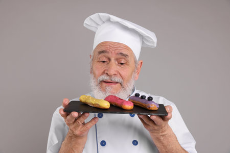 Professional pastry chef with delicious eclairs on grey background