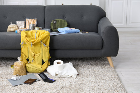 Survival kit. Different emergency supplies at homeの写真素材