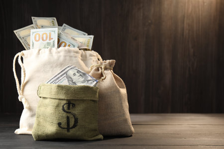 Money bags with dollar banknotes on wooden table, space for text