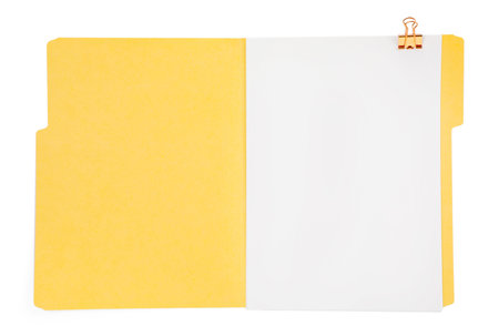 Open paper file folder with blank sheet isolated on white, top viewの写真素材