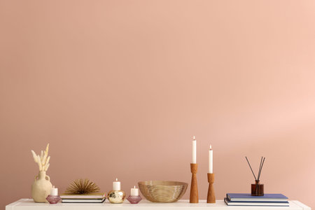 Candlesticks with burning candles and other decor on white wooden table near light brown wall...