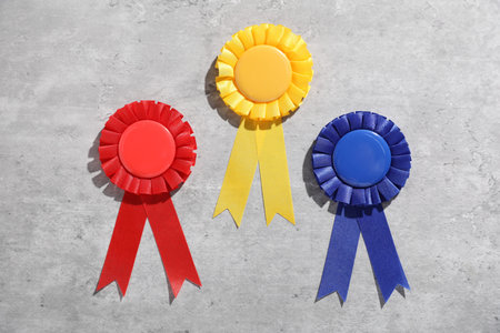Different award ribbons on light gray table, flat lay