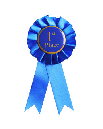 One blue award ribbon on white background
