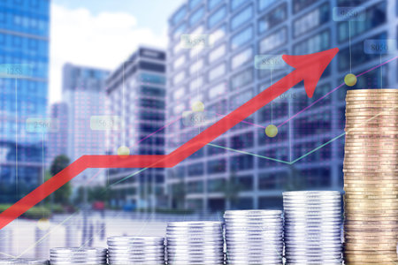 Rising real estate prices. Cityscape, coins and graphs, multiple exposure