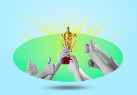 Golden trophy cup in woman's hand and people showing thumbs-up on color background, creative collageの写真素材