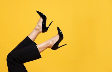 Woman wearing stylish high heeled shoes on yellow background, closeup. Space for textの写真素材