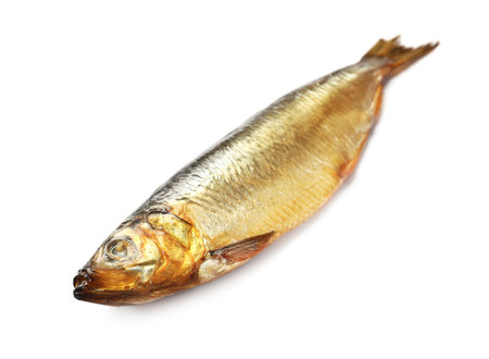 One tasty smoked herring on white backgroundの写真素材