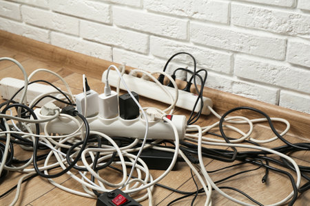 Extension power boards overloaded with plugs on wooden floor, closeupの写真素材
