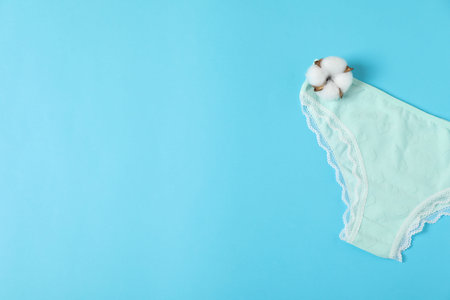 Women's underwear. Beautiful panties and cotton flower on light blue background, top view. Space for textの写真素材