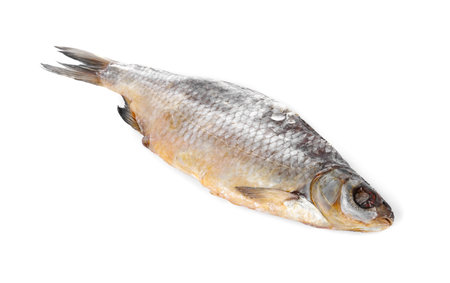 Dried salted roach fish isolated on whiteの写真素材