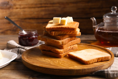 Slices of tasty toasted bread with butter on wooden table, closeupの写真素材