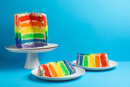 Pieces of delicious rainbow cake on light blue table