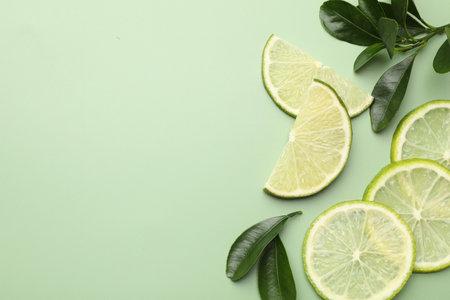 Slices of fresh limes and leaves on pale green background, flat lay. Space for textの写真素材