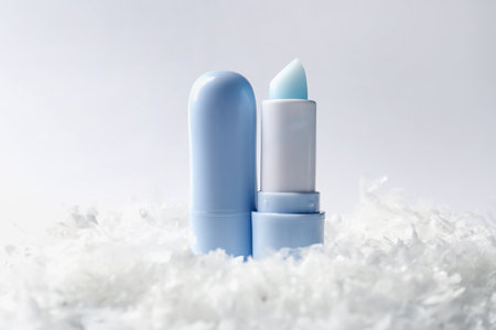 Moisturizing lip balms on artificial snow against white background, closeup. Winter careの写真素材