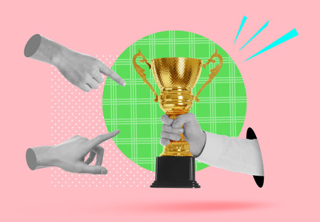 People pointing at golden trophy cup in man's hand on color background, creative collageの写真素材