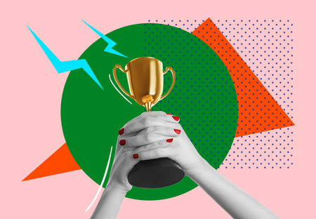 Golden trophy cup in woman's hands on color background, creative collageの写真素材