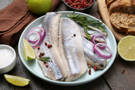 Marinated herring fillets with onion rings, rosemary, lime and spices on wooden table, closeupの写真素材