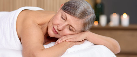 Senior woman relaxing on massage couch in spa salonの写真素材