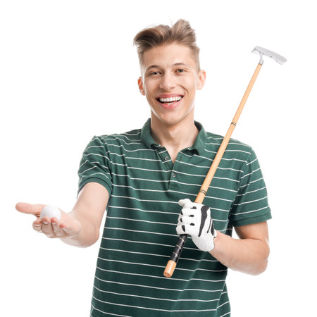 Man with golf club and ball on white backgroundの写真素材