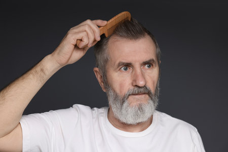 Man combing his hair on dark gray backgroundの写真素材