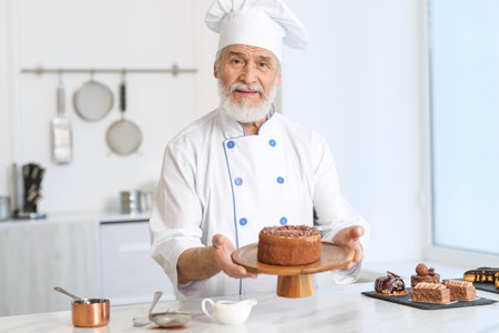 Elderly pastry chef with tasty cake at table in kitchenの写真素材