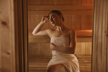 Beautiful woman wrapped in towel on bench at saunaの写真素材