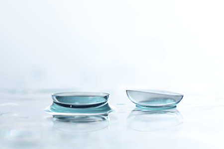 Pair of contact lenses and water drops on white mirror surface, closeup
